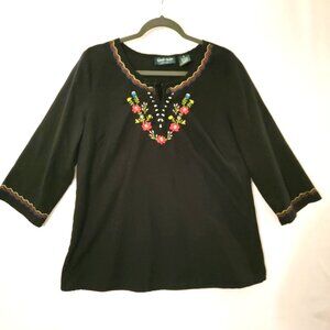 Lemon Grass Womens Blouse X Large Black Pullover Tunic Style Floral Embroidery